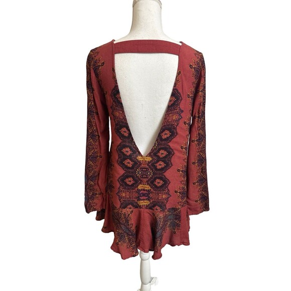 Free People Boho Dress Women's S Red Smooth Talker Paisley Open Back Tunic - Picture 4 of 7